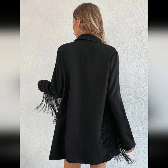 Lapel Neck Fringe Trim Longline Blazer - Picture 2 of 6